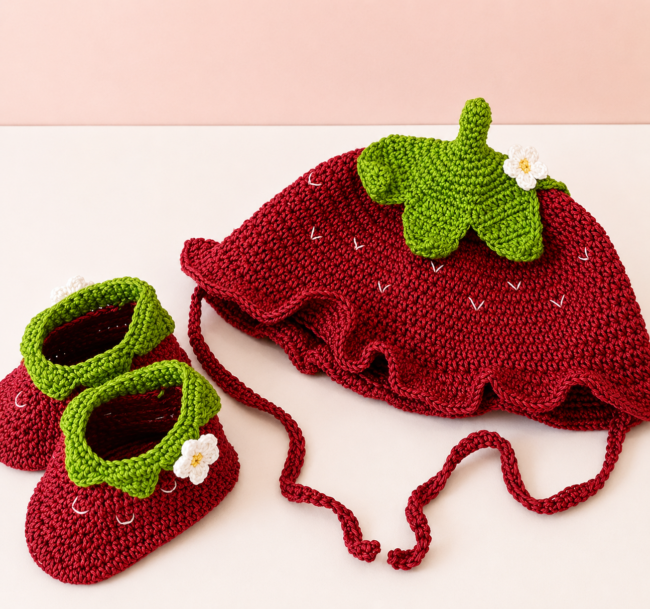 Strawberry Crochet Baby Hat & Booties Set ๐